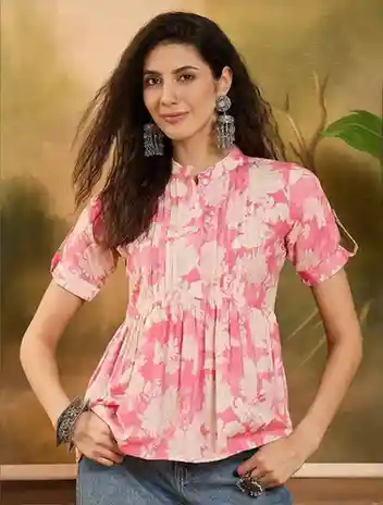 Sangria Floral Printed Pintuck Short Peplum Top